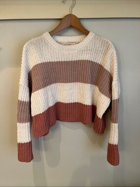 moon & madison Cropped Striped Knit Sweater in Cream, Dusty Mauve, and Rust